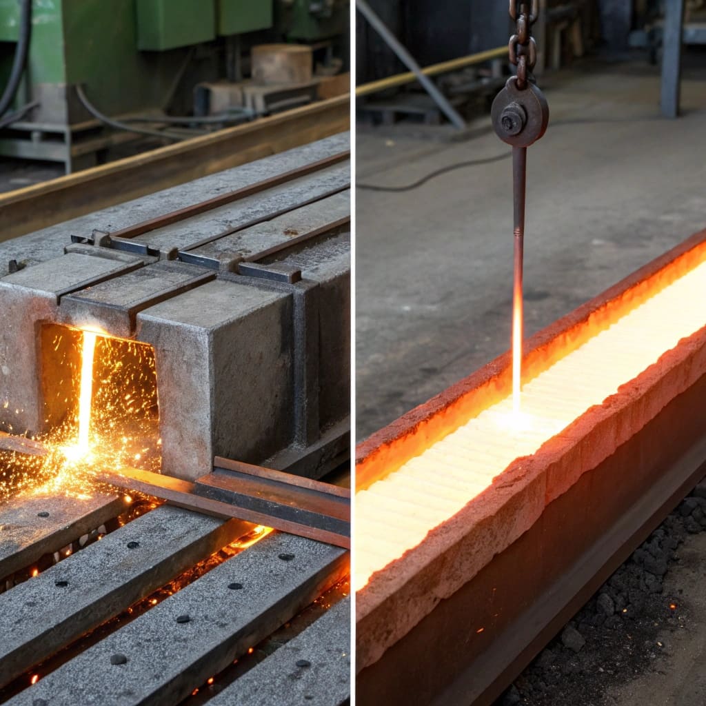A glowing steel bar being removed from an industrial furnace